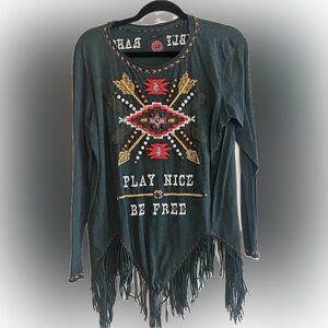 Double D Ranch - Fringe Hem Graphic Long Sleeve Top